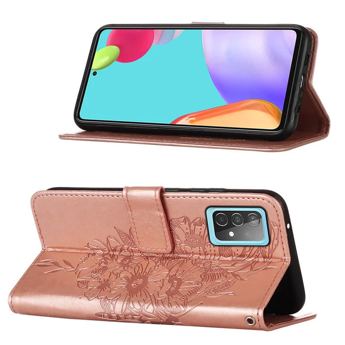 Imprint Butterfly Flower Pattern Wallet Stand Leather Case for Samsung Galaxy A52 4G/5G / A52s 5G - Rose Gold - 4