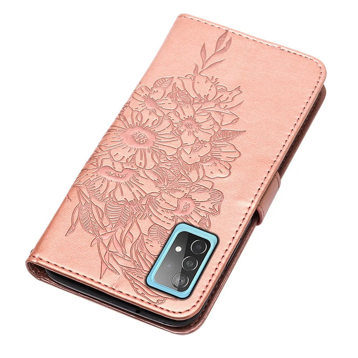 Imprint Butterfly Flower Pattern Wallet Stand Leather Case for Samsung Galaxy A52 4G/5G / A52s 5G - Rose Gold - 5