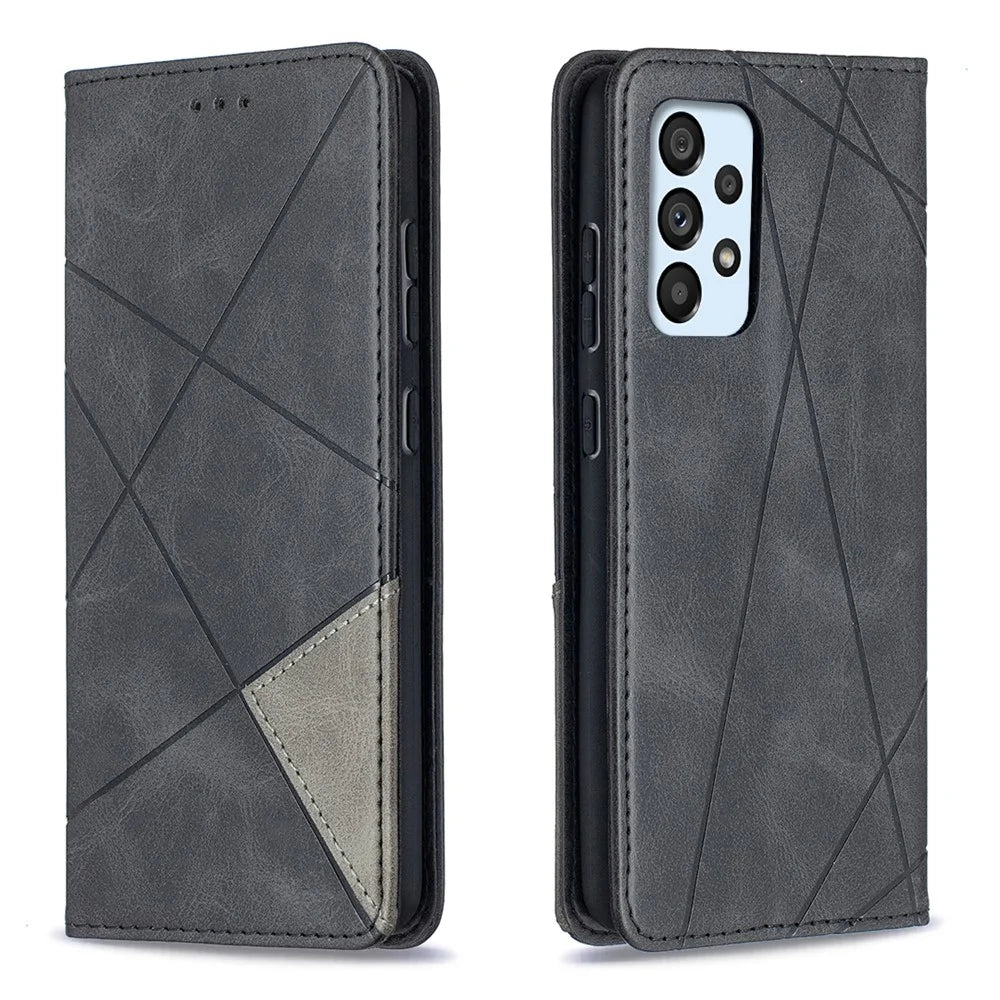 For Samsung Galaxy A52 4G / 5G / A52s 5G Geometric Pattern Leather Stand Case Card Holder Shell - Black - 1