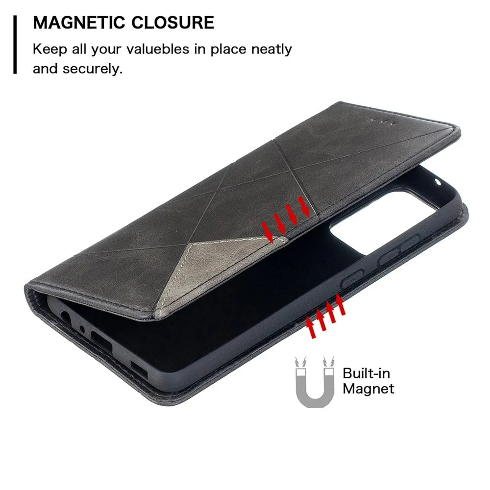 For Samsung Galaxy A52 4G / 5G / A52s 5G Geometric Pattern Leather Stand Case Card Holder Shell - Black - 4