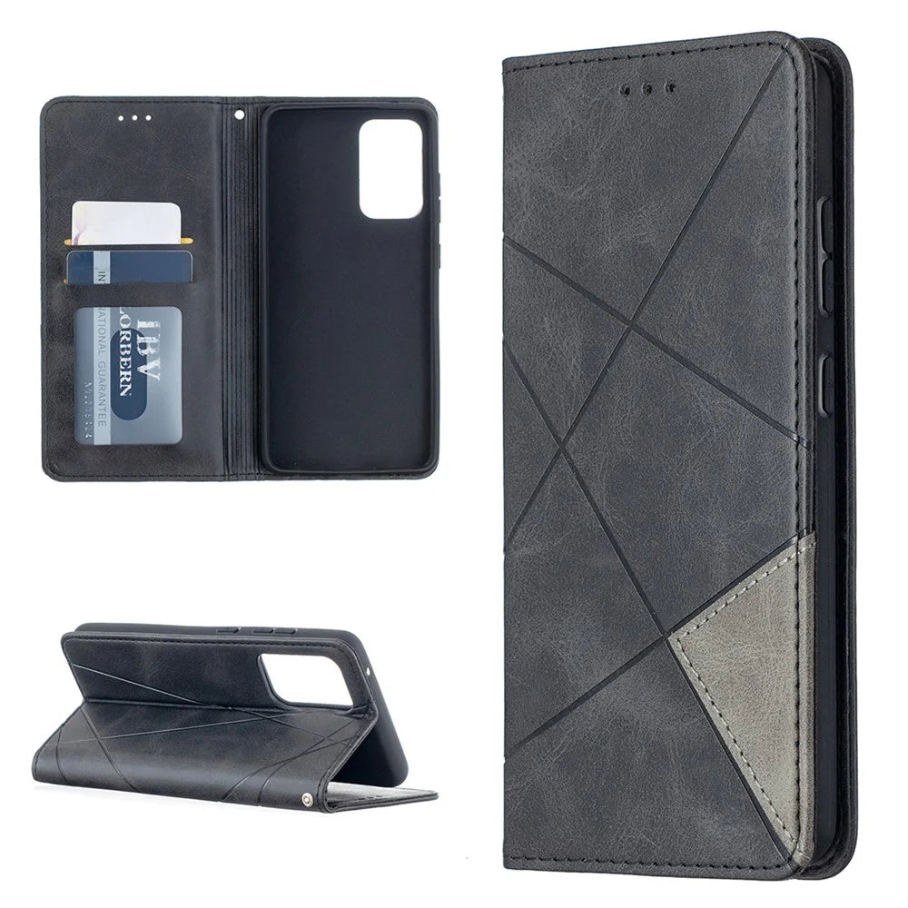 For Samsung Galaxy A52 4G / 5G / A52s 5G Geometric Pattern Leather Stand Case Card Holder Shell - Black - 5