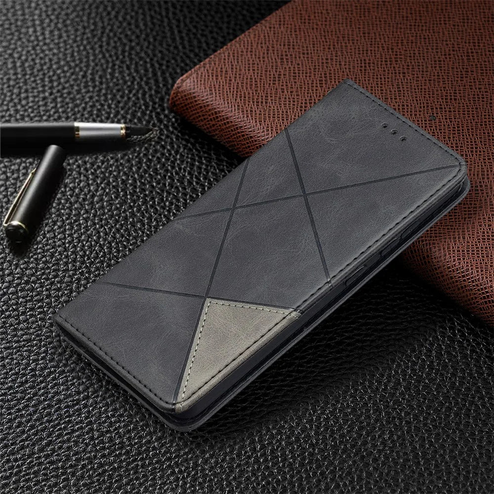 For Samsung Galaxy A52 4G / 5G / A52s 5G Geometric Pattern Leather Stand Case Card Holder Shell - Black - 6