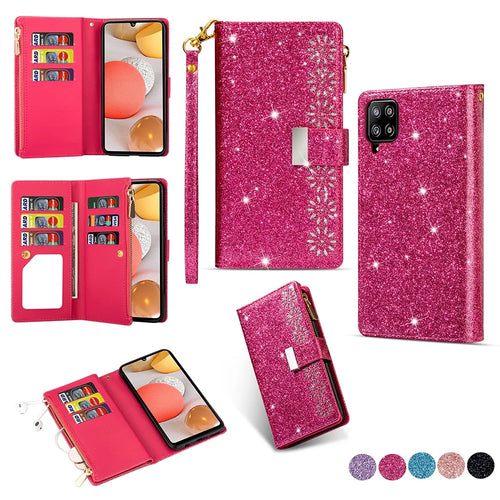 Glittery Starry Style Laser Carving Zipper Wallet Leather Case for Samsung Galaxy A12 - Rose - 1