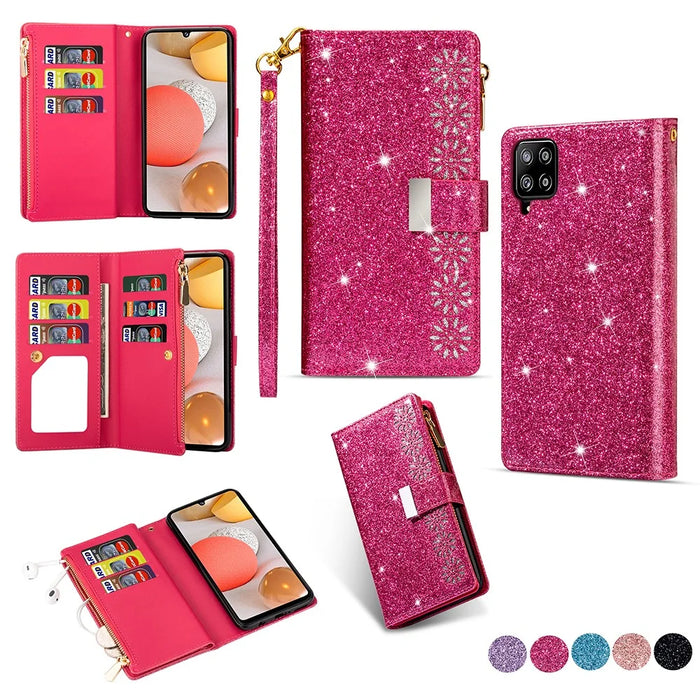 Glittery Starry Style Laser Carving Zipper Wallet Leather Case for Samsung Galaxy A12 - Rose - 1