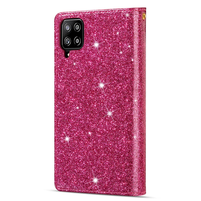 Glittery Starry Style Laser Carving Zipper Wallet Leather Case for Samsung Galaxy A12 - Rose - 3