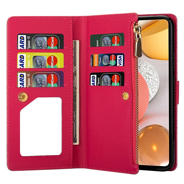 Glittery Starry Style Laser Carving Zipper Wallet Leather Case for Samsung Galaxy A12 - Rose - 6