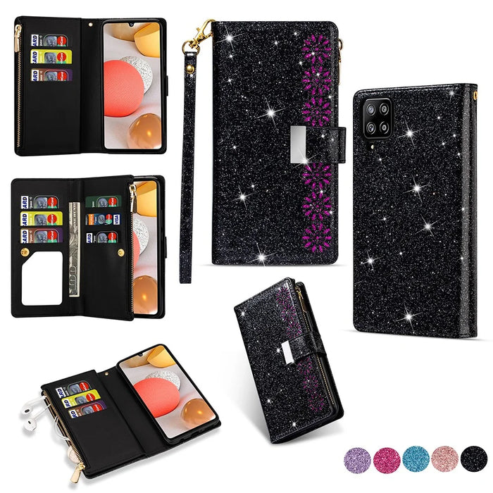 Glittery Starry Style Laser Carving Zipper Leather Smartphone Case for Samsung Galaxy A42 5G - Black - 1