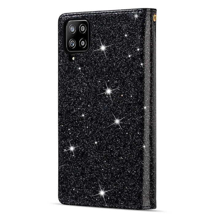 Glittery Starry Style Laser Carving Zipper Leather Smartphone Case for Samsung Galaxy A42 5G - Black - 2