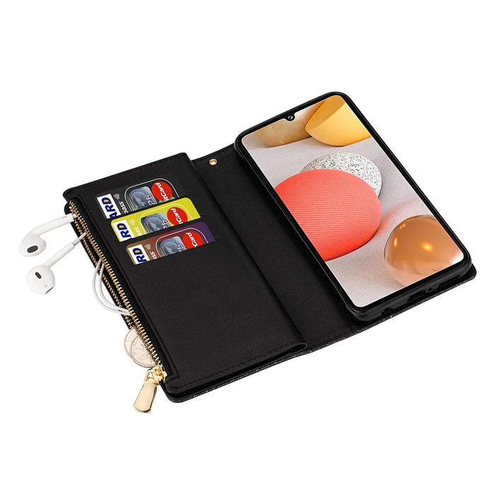 Glittery Starry Style Laser Carving Zipper Leather Smartphone Case for Samsung Galaxy A42 5G - Black - 3