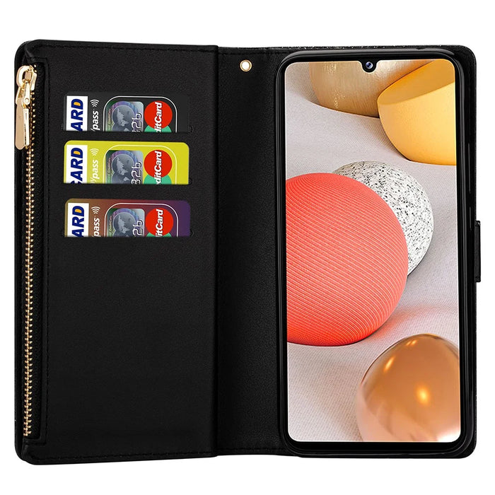 Glittery Starry Style Laser Carving Zipper Leather Smartphone Case for Samsung Galaxy A42 5G - Black - 4