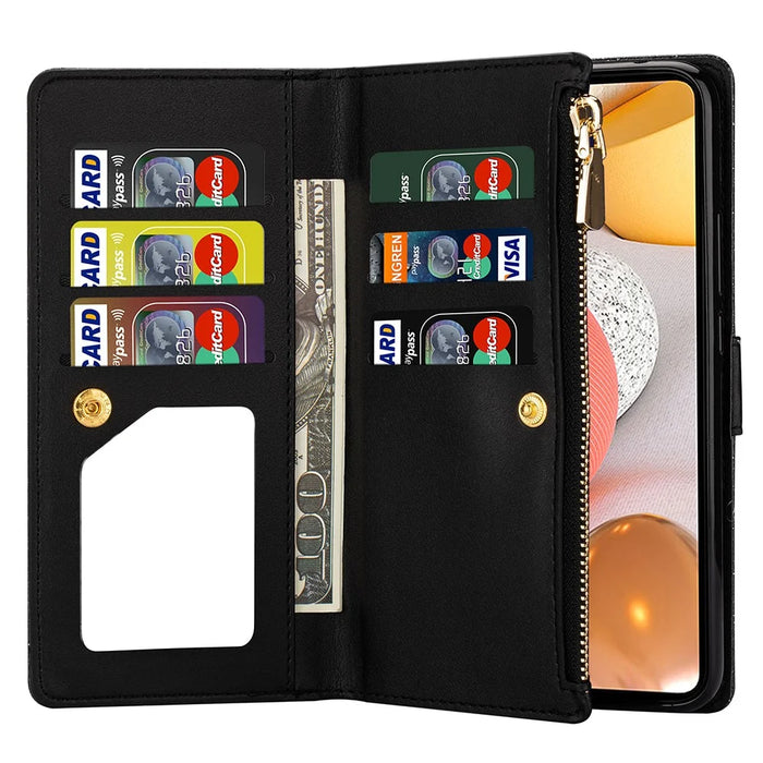 Glittery Starry Style Laser Carving Zipper Leather Smartphone Case for Samsung Galaxy A42 5G - Black - 5