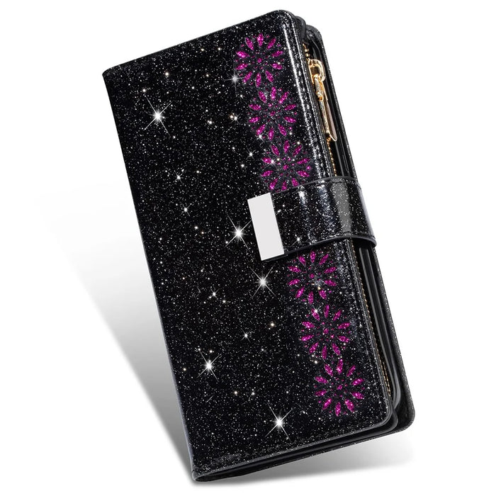 Glittery Starry Style Laser Carving Zipper Leather Smartphone Case for Samsung Galaxy A42 5G - Black - 7