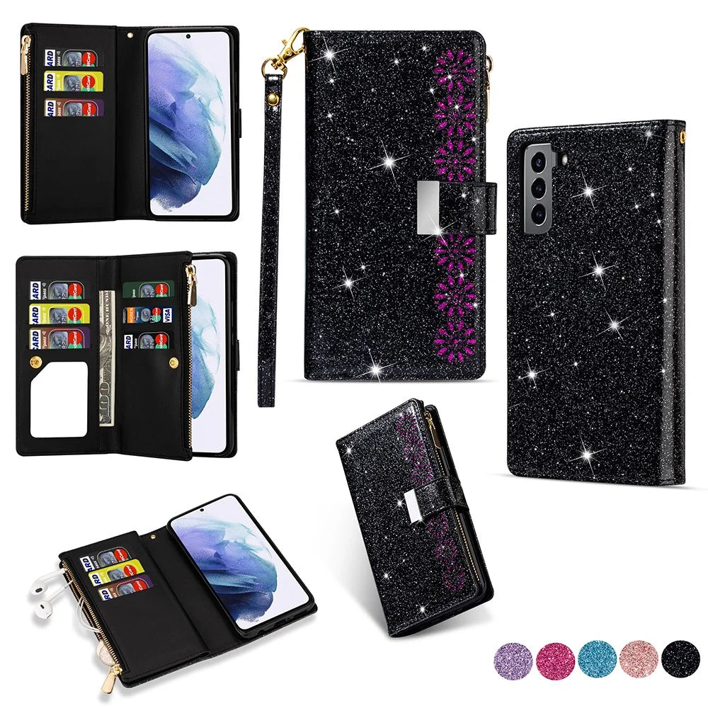 Glittery Starry Style Laser Carving Zipper Leather Case with Lanyard for Samsung Galaxy S21 4G/5G - Black - 1