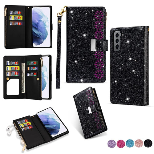 Glittery Starry Style Laser Carving Zipper Leather Case with Lanyard for Samsung Galaxy S21 4G/5G - Black - 1