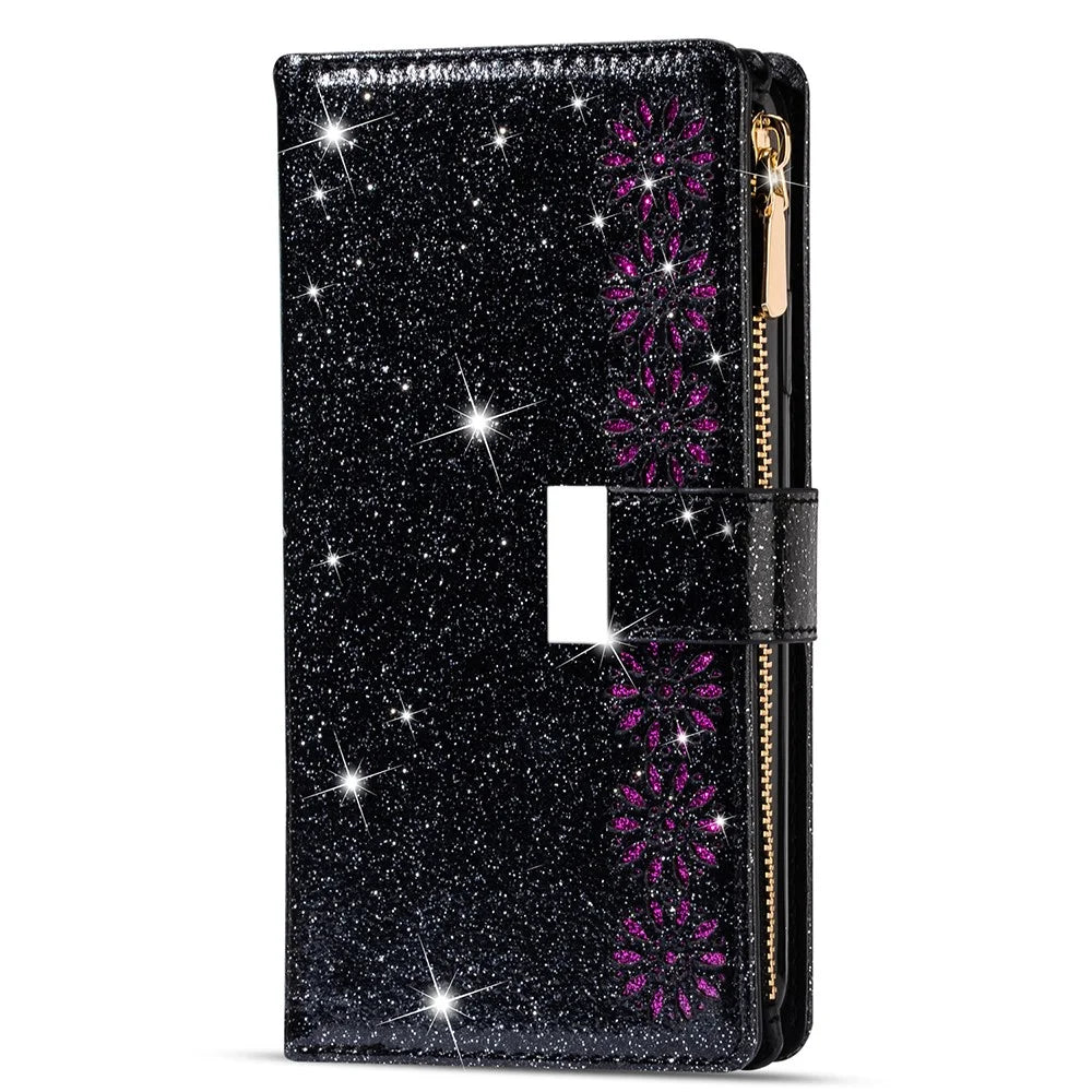 Glittery Starry Style Laser Carving Zipper Leather Case with Lanyard for Samsung Galaxy S21 4G/5G - Black - 2