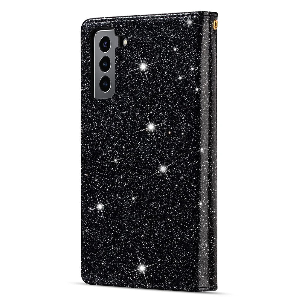 Glittery Starry Style Laser Carving Zipper Leather Case with Lanyard for Samsung Galaxy S21 4G/5G - Black - 3