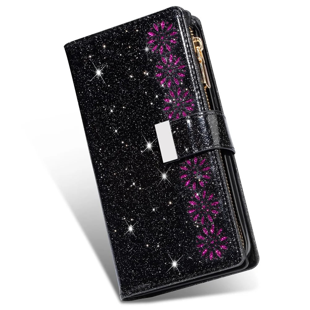 Glittery Starry Style Laser Carving Zipper Leather Case with Lanyard for Samsung Galaxy S21 4G/5G - Black - 4