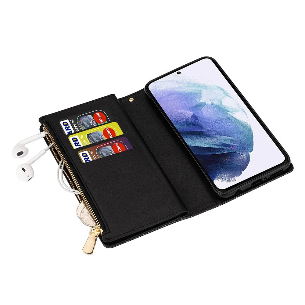 Glittery Starry Style Laser Carving Zipper Leather Case with Lanyard for Samsung Galaxy S21 4G/5G - Black - 5