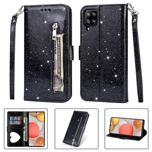 Flash Powder Zipper Pocket Wallet Flip Leather Phone Case with Strap for Samsung Galaxy A12 - Black - 1