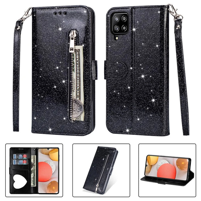 Flash Powder Zipper Pocket Wallet Flip Leather Phone Case with Strap for Samsung Galaxy A12 - Black - 1