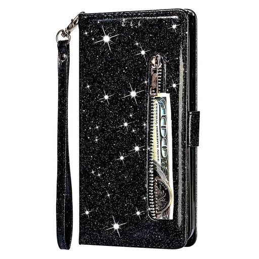 Flash Powder Zipper Pocket Wallet Flip Leather Phone Case with Strap for Samsung Galaxy A12 - Black - 2