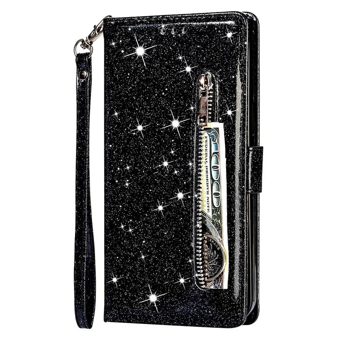 Flash Powder Zipper Pocket Wallet Flip Leather Phone Case with Strap for Samsung Galaxy A12 - Black - 2