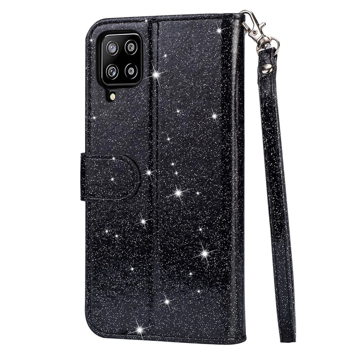 Flash Powder Zipper Pocket Wallet Flip Leather Phone Case with Strap for Samsung Galaxy A12 - Black - 3