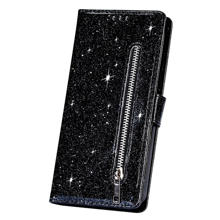 Flash Powder Zipper Pocket Wallet Flip Leather Phone Case with Strap for Samsung Galaxy A12 - Black - 4