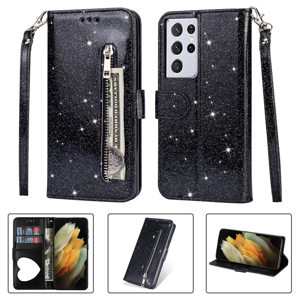 Flash Powder Zipper Pocket Wallet Flip Leather Phone Case with Strap for Samsung Galaxy S21 Ultra 5G - Black - 1