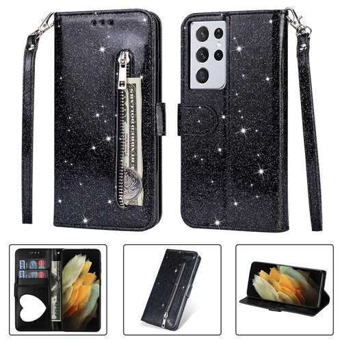 Flash Powder Zipper Pocket Wallet Flip Leather Phone Case with Strap for Samsung Galaxy S21 Ultra 5G - Black - 1