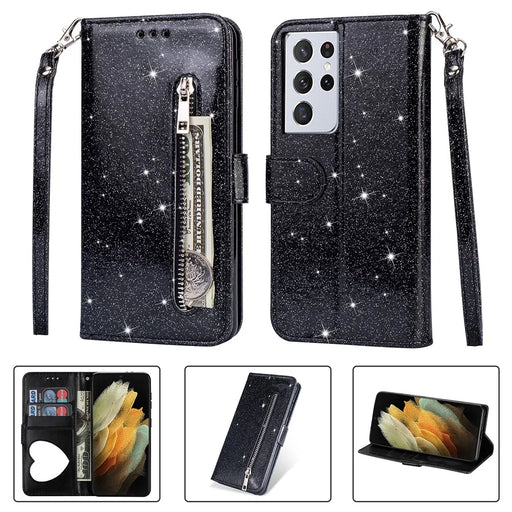 Flash Powder Zipper Pocket Wallet Flip Leather Phone Case with Strap for Samsung Galaxy S21 Ultra 5G - Black - 1