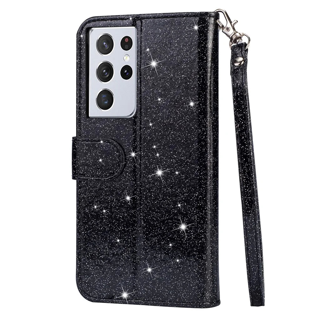 Flash Powder Zipper Pocket Wallet Flip Leather Phone Case with Strap for Samsung Galaxy S21 Ultra 5G - Black - 3