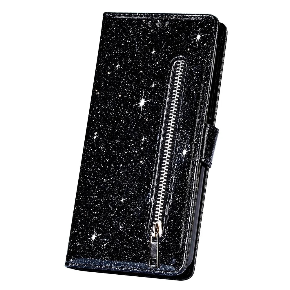 Flash Powder Zipper Pocket Wallet Flip Leather Phone Case with Strap for Samsung Galaxy S21 Ultra 5G - Black - 4