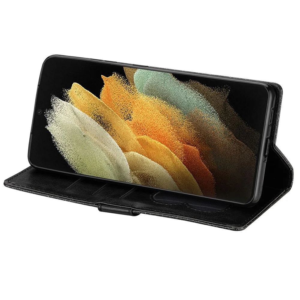 Flash Powder Zipper Pocket Wallet Flip Leather Phone Case with Strap for Samsung Galaxy S21 Ultra 5G - Black - 5