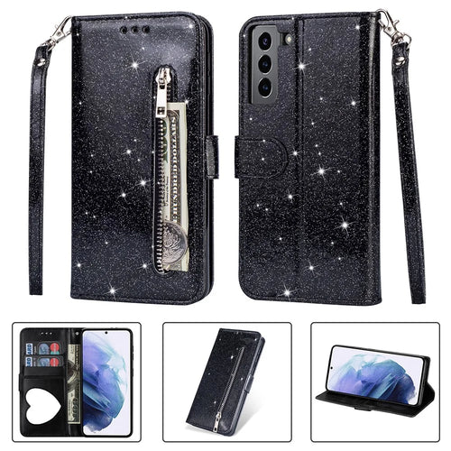 Flash Powder Zipper Pocket Wallet Flip Leather Phone Case with Strap for Samsung Galaxy S21 4G/5G - Black - 1