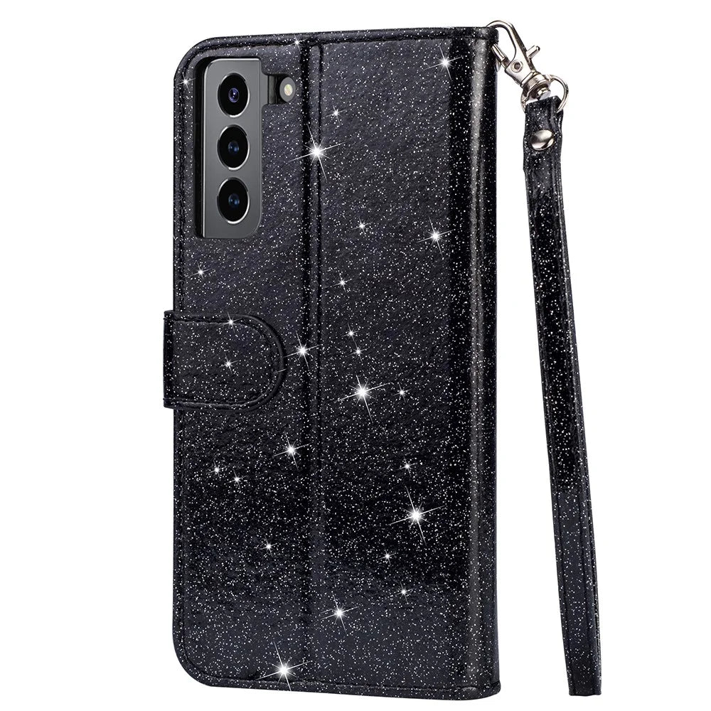 Flash Powder Zipper Pocket Wallet Flip Leather Phone Case with Strap for Samsung Galaxy S21 4G/5G - Black - 3