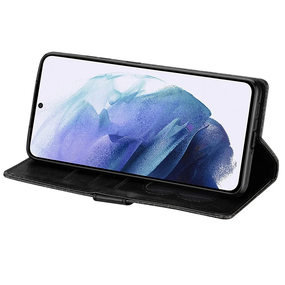 Flash Powder Zipper Pocket Wallet Flip Leather Phone Case with Strap for Samsung Galaxy S21 4G/5G - Black - 5