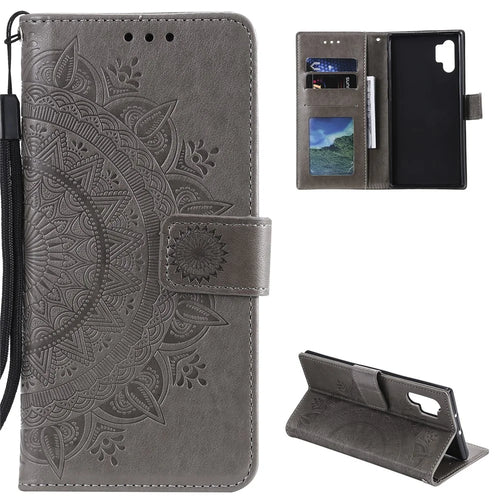 Imprinted Mandala Flower Wallet Stand Function Leather Case with Strap for Samsung Galaxy A32 5G - Grey - 1