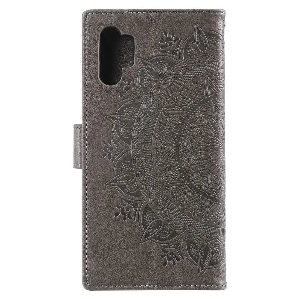 Imprinted Mandala Flower Wallet Stand Function Leather Case with Strap for Samsung Galaxy A32 5G - Grey - 3