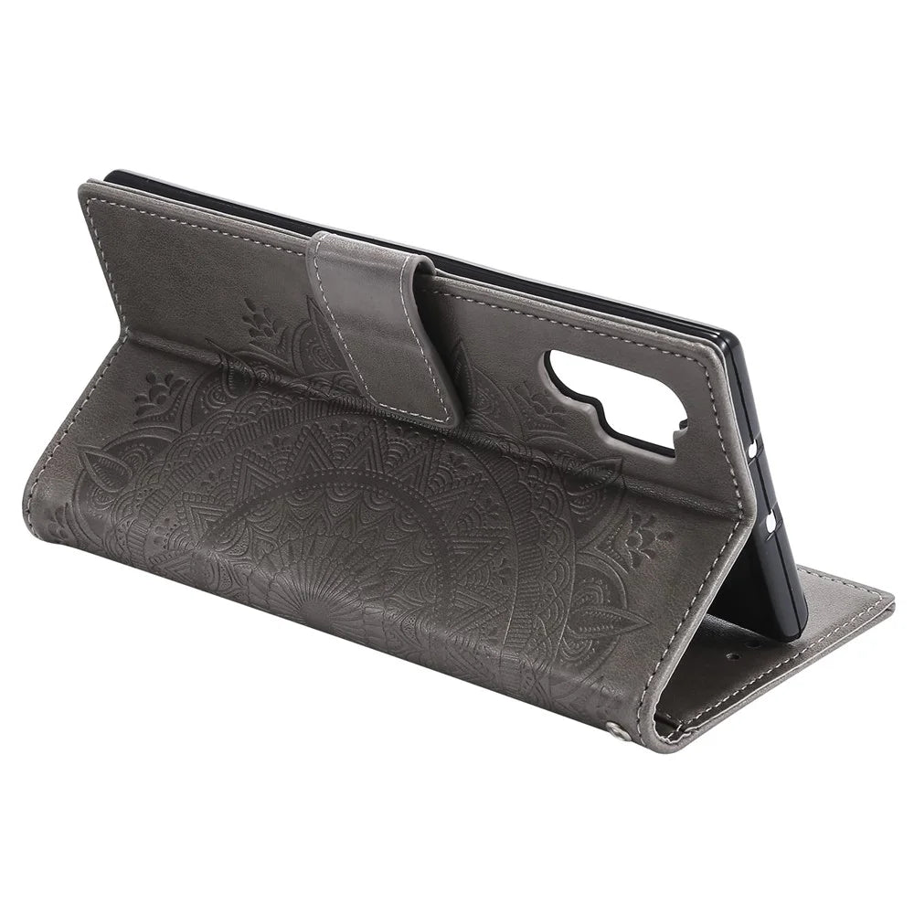 Imprinted Mandala Flower Wallet Stand Function Leather Case with Strap for Samsung Galaxy A32 5G - Grey - 5