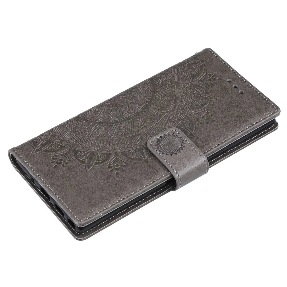 Imprinted Mandala Flower Wallet Stand Function Leather Case with Strap for Samsung Galaxy A32 5G - Grey - 7