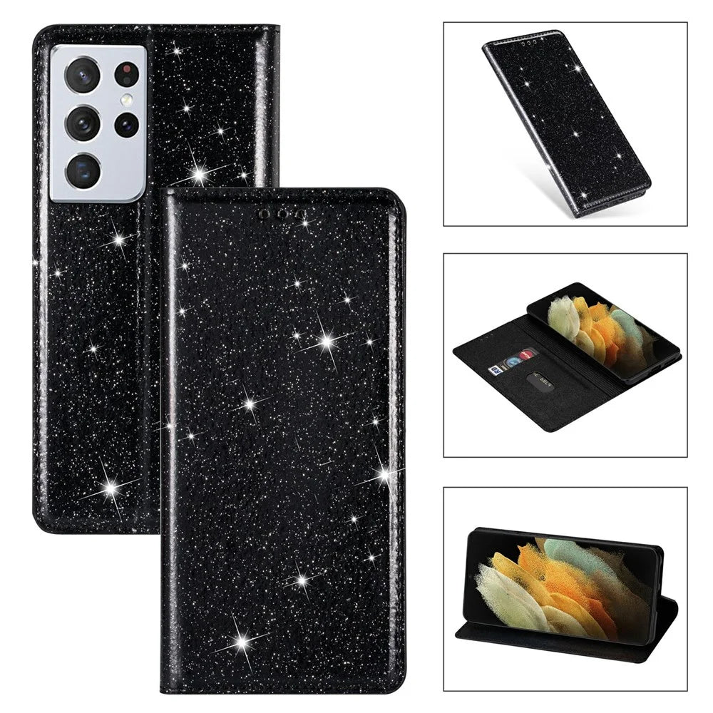 Flash Powder Auto-absorbed Ultra-thin Leather Shell for Samsung Galaxy S21 Ultra 5G - Black - 1