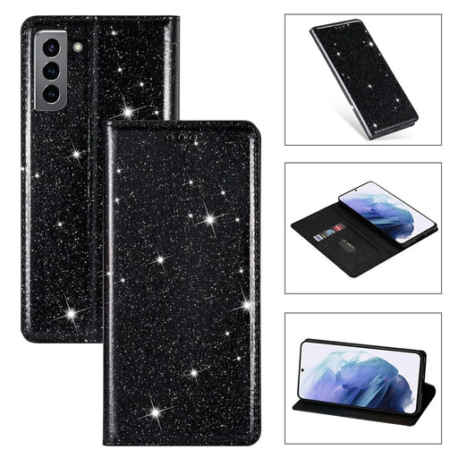 Flash Powder Auto-absorbed Ultra-thin Leather Stand Case for Samsung Galaxy S21 4G/5G - Black - 1