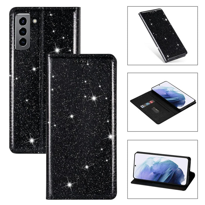 Flash Powder Auto-absorbed Ultra-thin Leather Stand Case for Samsung Galaxy S21 4G/5G - Black - 1