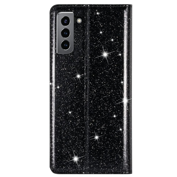Flash Powder Auto-absorbed Ultra-thin Leather Stand Case for Samsung Galaxy S21 4G/5G - Black - 2