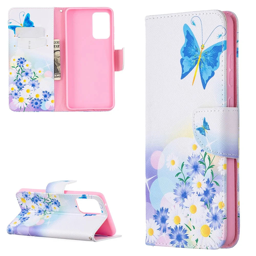 Hot Style Wallet Pattern Printing Stand Phone Case Cover for Samsung Galaxy A72 5G - Butterfly and Flower - 1