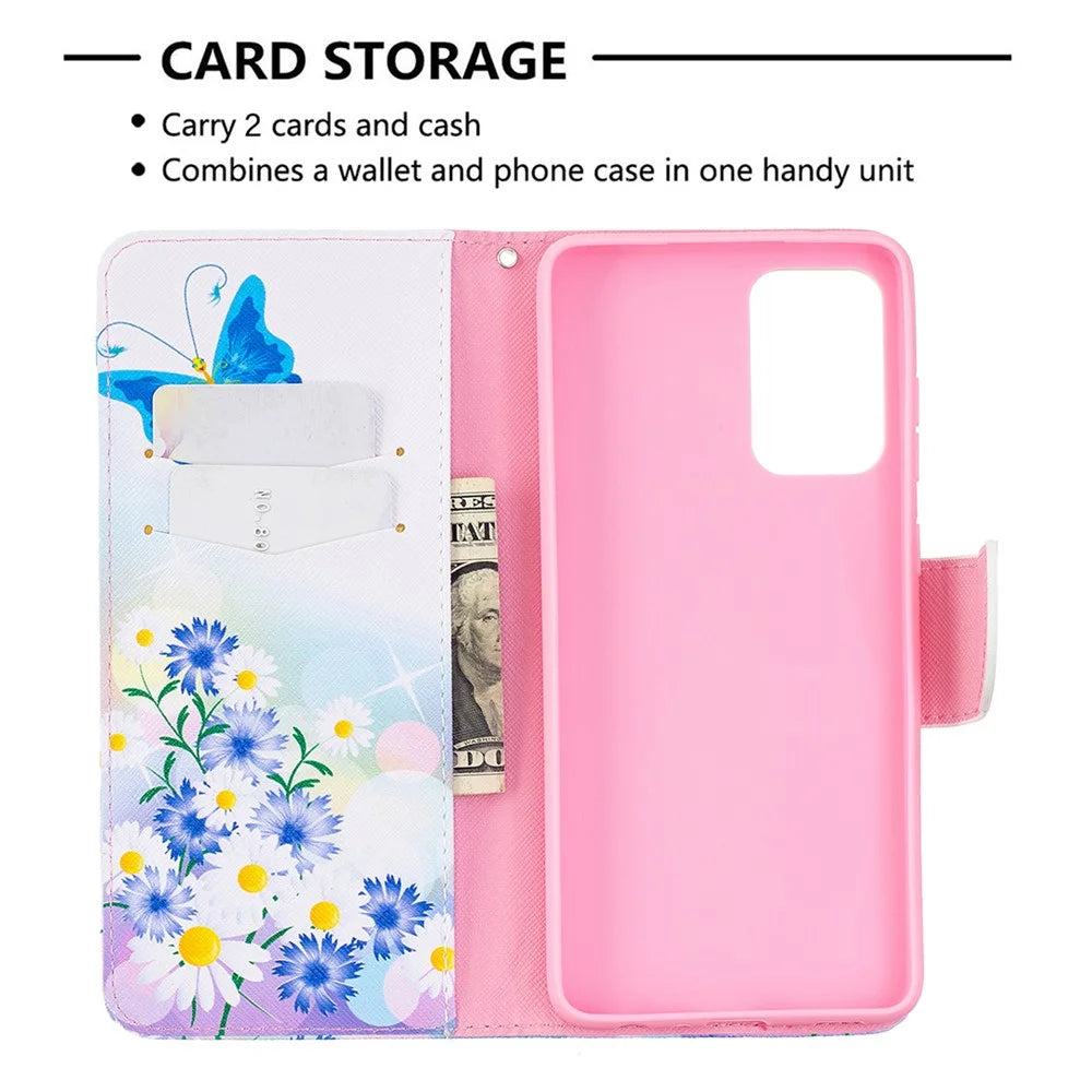 Hot Style Wallet Pattern Printing Stand Phone Case Cover for Samsung Galaxy A72 5G - Butterfly and Flower - 6