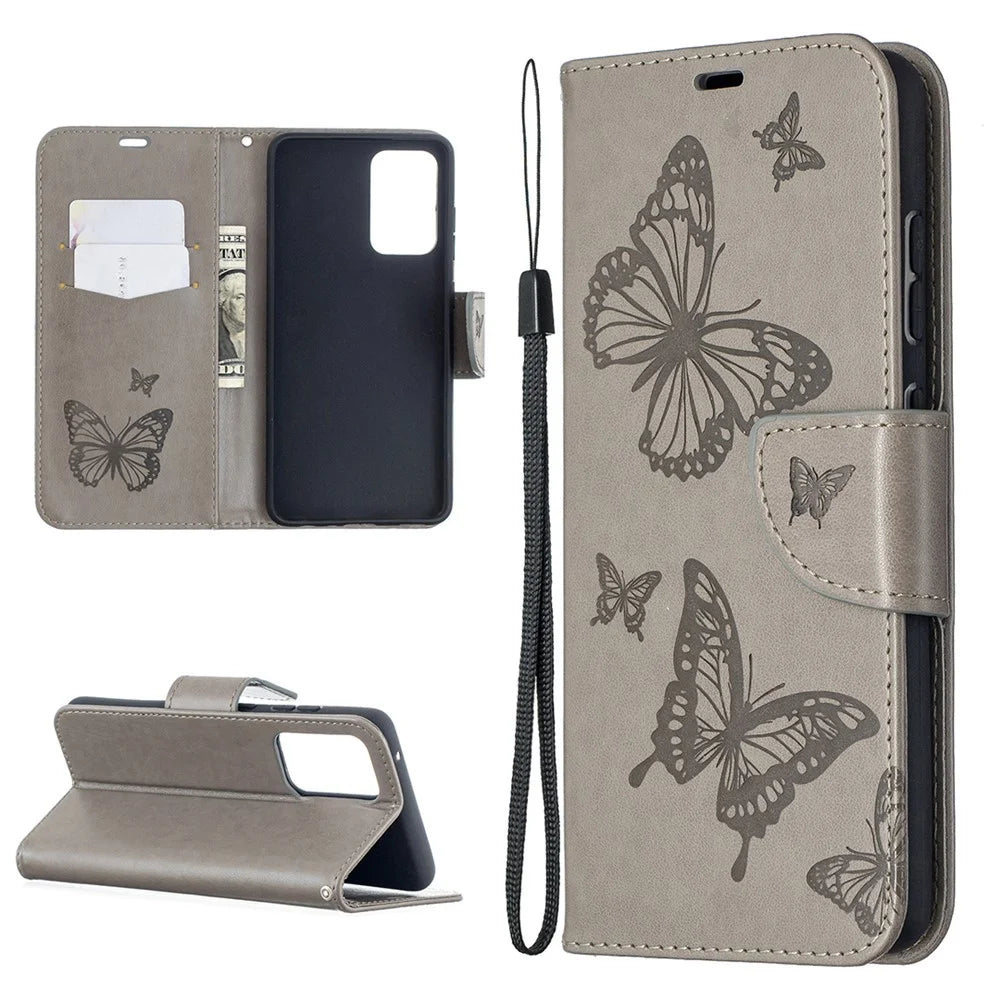 For Samsung Galaxy A52 4G / 5G / A52s 5G Imprint Butterflies Wallet Stand Flip Leather Phone Shell - Grey - 1