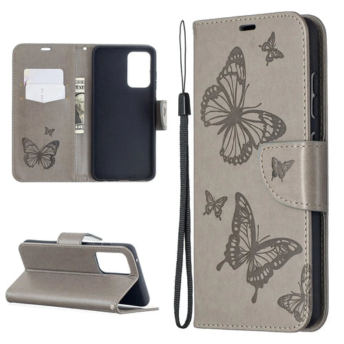 For Samsung Galaxy A52 4G / 5G / A52s 5G Imprint Butterflies Wallet Stand Flip Leather Phone Shell - Grey - 1