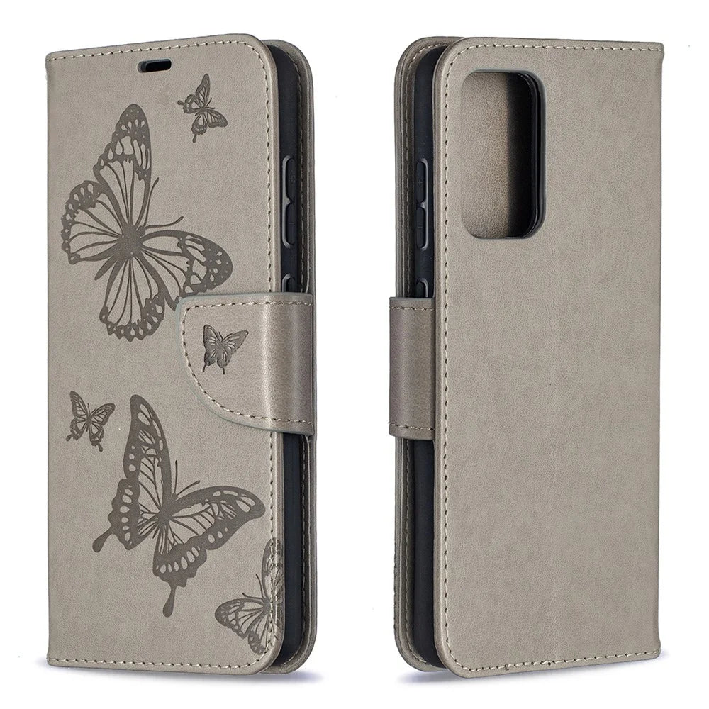 For Samsung Galaxy A52 4G / 5G / A52s 5G Imprint Butterflies Wallet Stand Flip Leather Phone Shell - Grey - 4